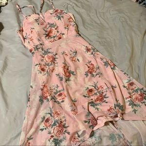 Pink floral lace back dress.